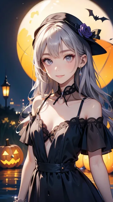 darkness　different world、very long silver and blue hair 1:5、small face、whole body expression、small breasts、wearing purple dress,...