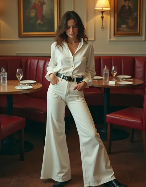 (photorealism:1.2), Pretty Woman in her 30s in a classic restaurant, She is wearing a white large collar shirt, White super flared jeans with a wet light brown stain in her ass, black low heel shoe, Flares almost wider as the shoes. She wears a wide Black ...