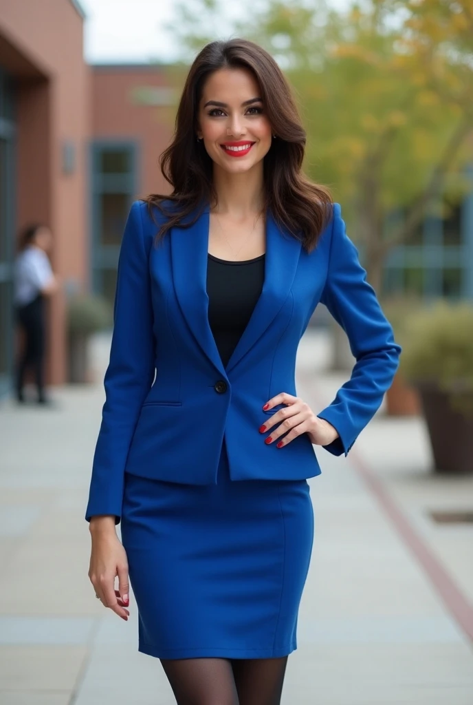 beautiful fit tan English female, age 32, royal blue business suit with pencil mini skirt, standing outside on a patio, medium brunette wavy hair, full body view, hour glass figure, red lipstick, red nail polish, cheerful, smiling, midday, black tights, at...