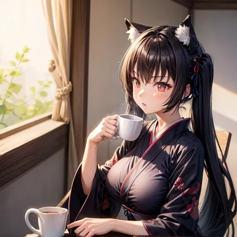 kimono　   leotard　　big breasts　  coffee in a mug　cat ears　　brown hair