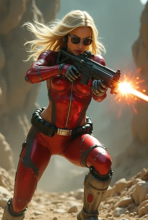 A beautiful cybernetic woman, blonde, strong legs, silver belt, goggles, headset, metallic red leotards, boots, firing a laser rifle, hit in the stomach by an Amazon arrow