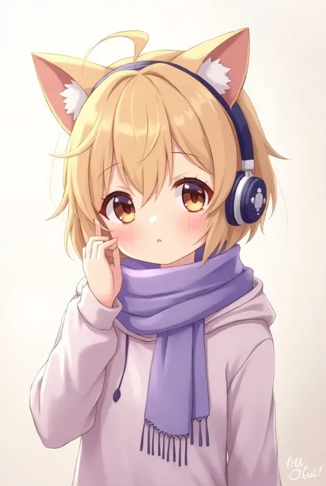  Short anime girl with brown eyes.  Short blond hair and a lilac scarf .  She wears a lilac cat ears headset . She wears a hoodie . she has a gamer style.