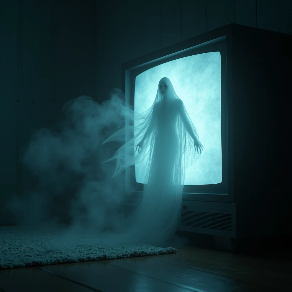 Spectre coming out of the TV, 2003. terror, realistic, Room,  supernatural , spectral, epic, artificial light 