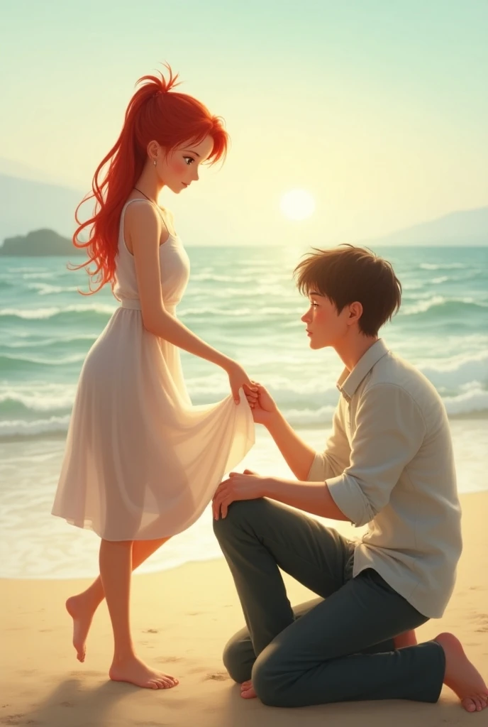  Redhead with her hair tied from behind , barefoot, Short stature(160cm), Woman in tretches her foot on the lap of a man kneeling on the beach