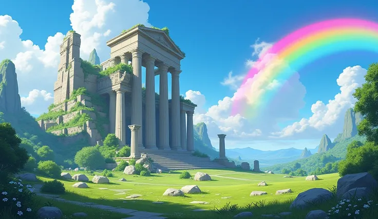 digital illustration of a grand, ancient ruin set in a lush, green landscape under a bright blue sky filled with fluffy white clouds. the ruins are characterized by tall, crumbling stone columns and arches, with a central, towering structure that appears t