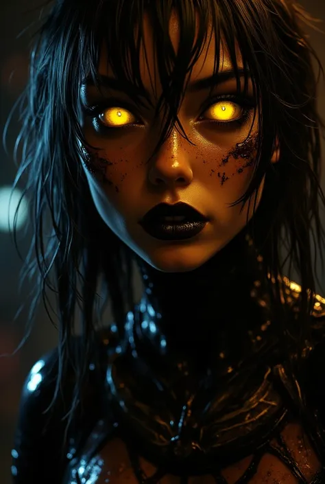 full length view. dark, creepy horror (spider-girl) evil but beautiful face, glossy dark cherry yellow hellish look, frightening...