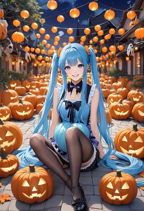  light blue long hair、Beautiful girl with twin tails、smile、 Halloween party 、Surrounded by lots of pumpkin lanterns、