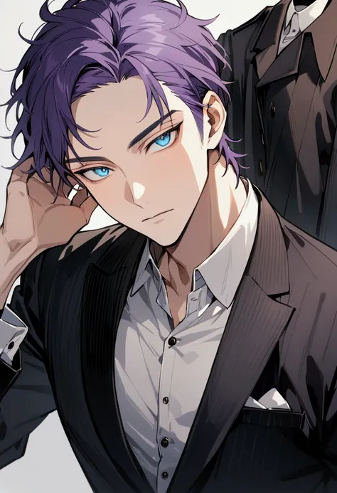 whole body、character portrait、male、masterpiece、handsome、the forehead is visible、1 man,  purple hair、worn suit、jacket、give bangs、...