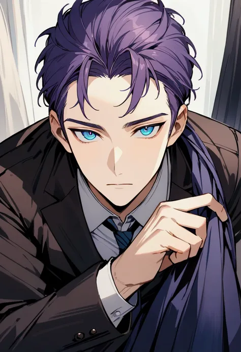 whole body、character portrait、male、masterpiece、handsome、the forehead is visible、1 man,  purple hair、worn suit、jacket、give bangs、...