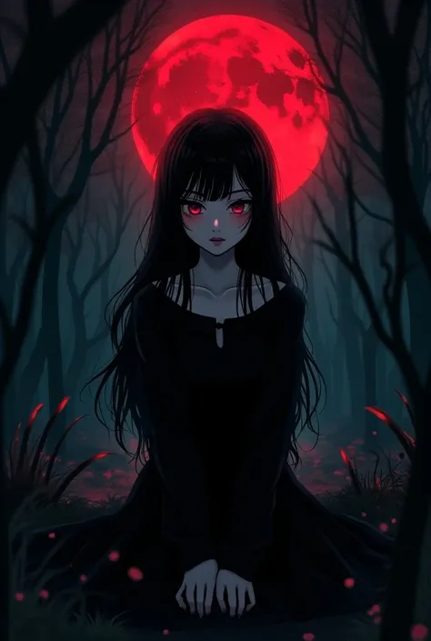 Japonaise de 18ans au cheveux long noir yeux magenta en vêtements noirs, assi dans une forêt avec lune de sang , style manga  