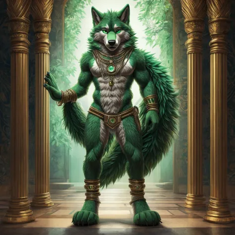  anthro green wolf with fur ,  furry detailed fur long fur realistic fur digital art, Fursuit, pelzige Fursona, furry character portrait, Fursuit!!!!, POV furry art, furry artist , furry character, Holo is a wolf , decorated bangle, Necklace, stands uprigh...