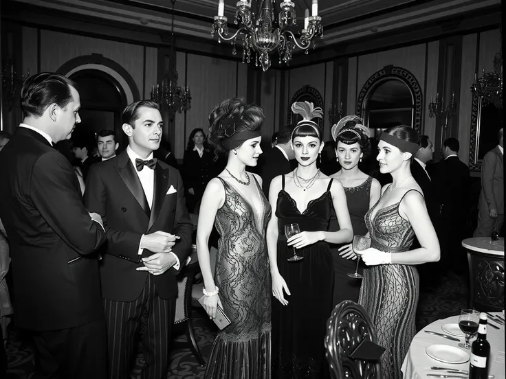 image type: RAW photo, monochrome, low quality, film grain
setting: fancy party in a luxurious mansion
time period: 1920s
style: art deco
subjects: men and women dressed to the nines in 1920s attire with 1920s hairstyles