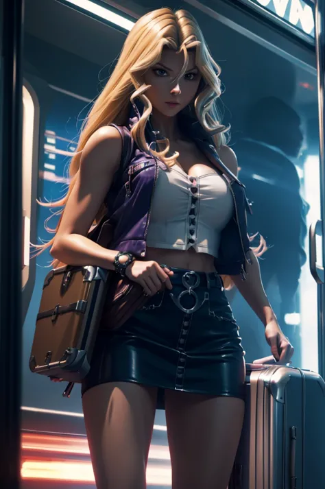 a beautiful blonde woman, mai valentine, sad, holding suitcases, seductive top, mini skirt, sad, arriving in new york city, hype...