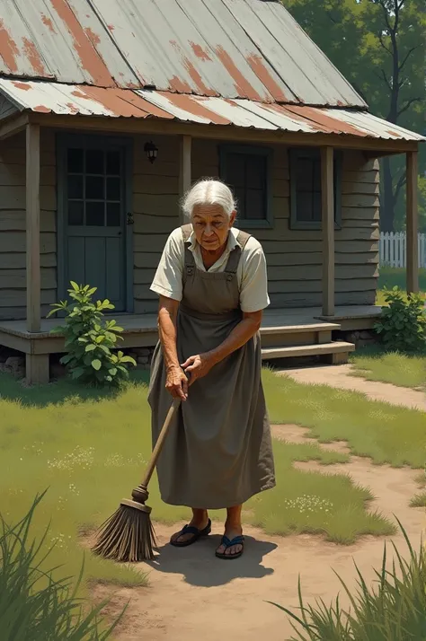 Draw me a picture of an old lady sweeping the front yard and there is a house behind it.

