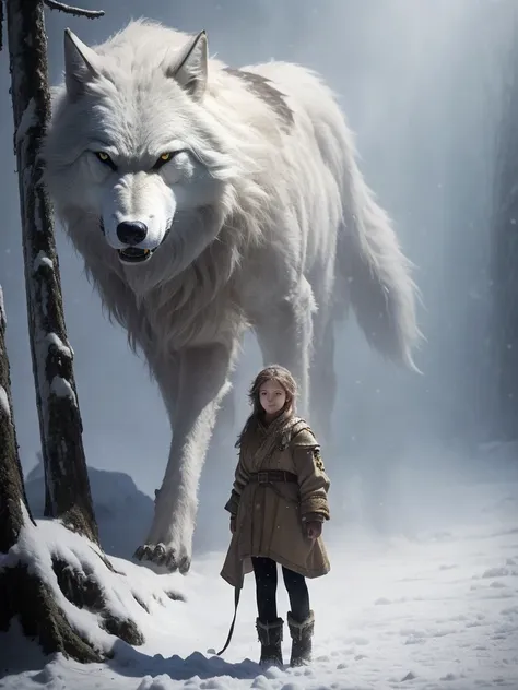 a young girl wearing heavy armor，stand in front of the giant wolf fenrir，in the background is the forest sea snow field