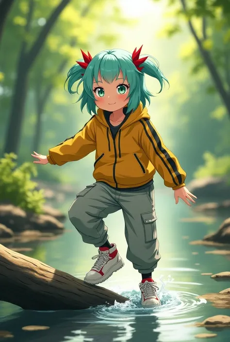 anime girl,  light turquoise short hair with red multiple ahoges,  sun-tanned skin , green eyes, Winks ,  yellow jacket with black stripes on the sleeves,  light gray cargo pants wet to the knees ,  black leggings, white rough basketball shoes with red hoo...