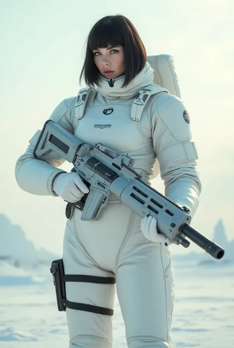 Cyberpunk Russian woman with black bob hair, in a white spacesuit,  boots, gloves, ox6gen mask, holding a large futuristic assault rifle  , alien planetsoft light, alone, angry,  uhd, 4k