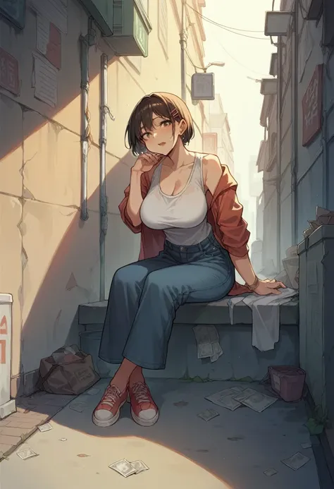 sexy waifu, anime style. Busty, street hooker, alley, prostitute, sitting,