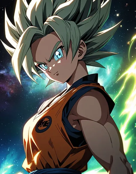 anime, beautiful girl, dragonball style, super saiyan, perfect face, beautiful face, high details, galaxy background, energy, electricity, energy aura around girl, son goku, sexy