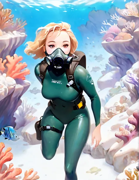 oil painted  white woman. her face  also slightly chubby. she is wearing a dark green wetsuit. she has a gas mask with a rebreat...