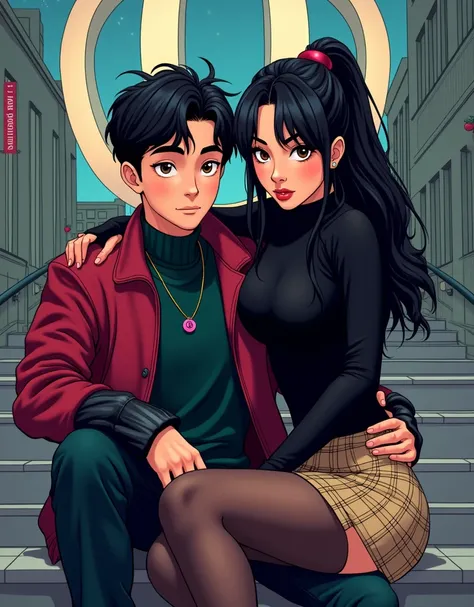 comic, anime, A weisser dünner schmächtiger American male 20 jahre alt mit middle length wavy textured black hair mit clothes on, dark green pullover und dunkelroter wolle collegejacke und schwarzen ledersleeves and a mini pink plectrum necklace, cheeky la...