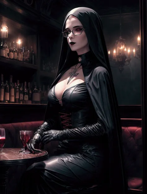 score_9, score_8_up, score_7, a picture of a beautiful catholic nun sitting in a goth bar , sipping a dark red cocktail, wearing...