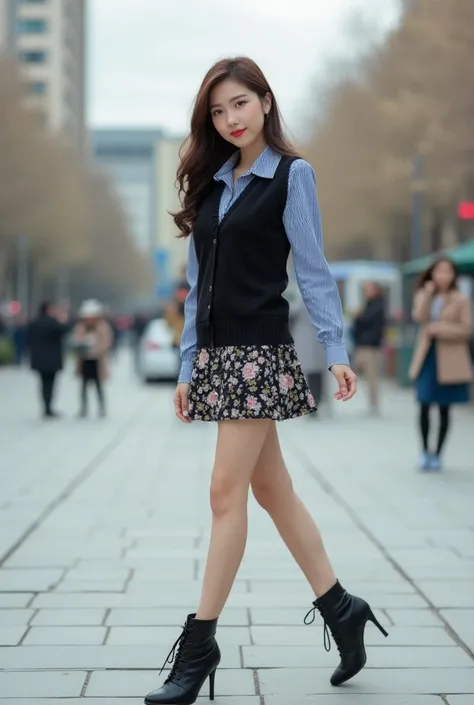 fashion photography, high-fashion, posh east asian female, 26 years old, wearing black sweater vest, blue striped shirt, floral skirt, laced ankle boots, black stiletto heels, full body view, posing elegantly, on an urban plaza, pinhole lens photography, 3...