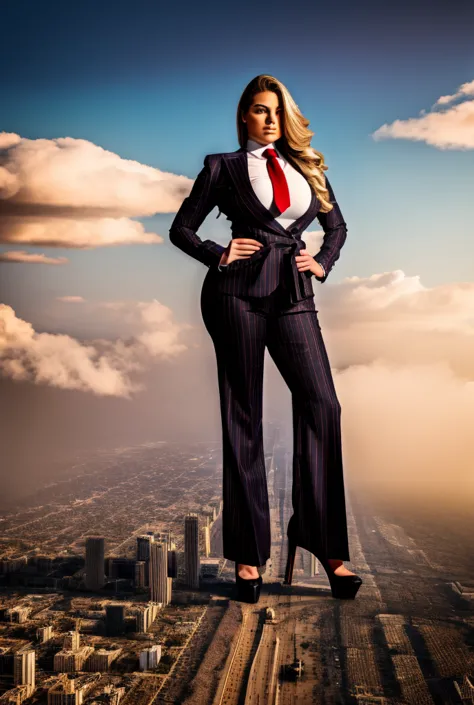 a sophisticated and stylish woman in a grey pinstriped trouser suit, white shirt, and a large wide necktie in a windsor knot, wi...