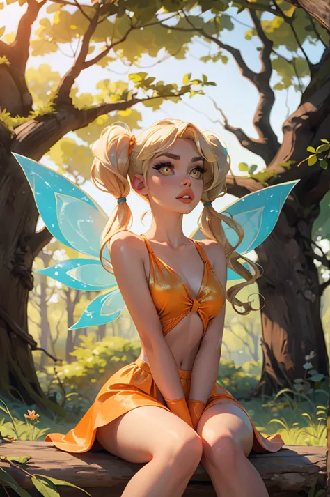 stella, yellow eyes, blonde hair, fairyoutfit, twintails, long low pigtails, fairy wings, orange outfit, glittery clothes, spark...