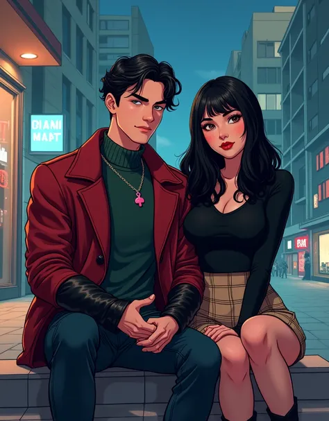 comic, anime, A weisser dünner schmächtiger American male 20 jahre alt mit middle length wavy textured black hair mit clothes on, dark green pullover und dunkelroter wolle collegejacke und schwarzen ledersleeves and a mini pink plectrum necklace, cheeky la...