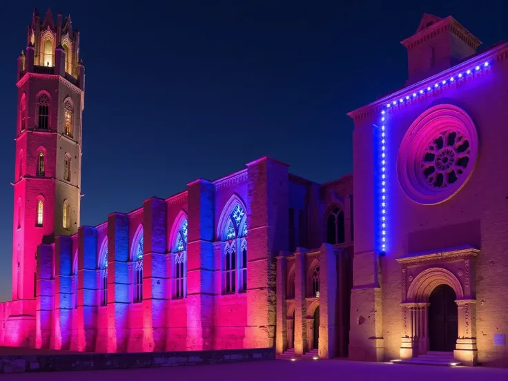 The Seu Vella cathedral transformed into a vibrant nightclub, with colorful lights streaming out through all its windows, casting neon hues across the ancient stone walls. Outside, neon lights wrap around the cathedral’s arches and spires, creating a strik...