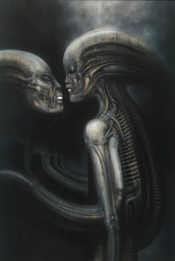 h. r. giger's g1g3r, , giger_style, the image is a detailed view of h.r. giger's \" necronom iv \" plate, featuring a complex ne...