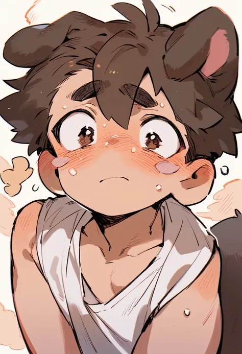 1boy, hair coving face, brown hair, blushing, brown puppy dog ears, white tank top, sweating, black dog tail