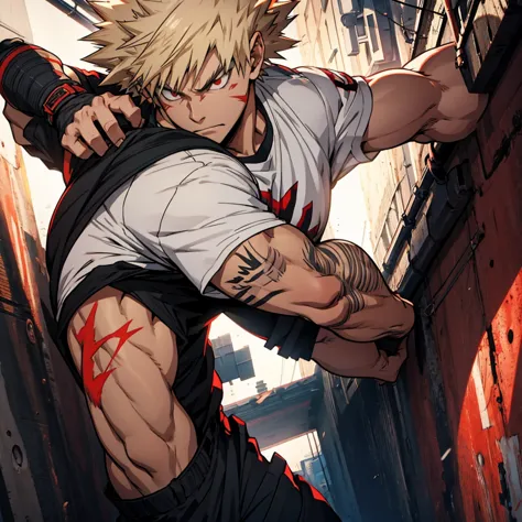 [alone, solo, katsuki bakugo] [mature, muscular: 0.5] [red eyes, blonde spiky hair, scar on left cheek, scare on right side of c...