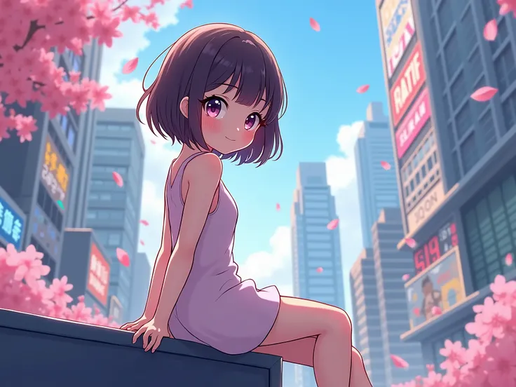 Feminine woman, anime, Sitting looking back, city, Chibi