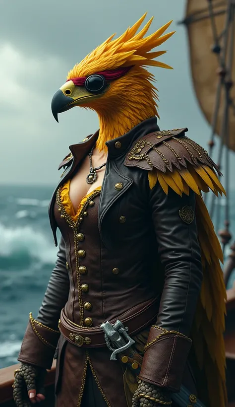 Imagine an eagle with a humanoid body,  hybrid of an eagle and muscular pirate , with golden feathers and sharp beak .  She wears a dark brown leather jacket with gold details and feathers on the shoulder straps,  with a red stripe on her head and an eye p...