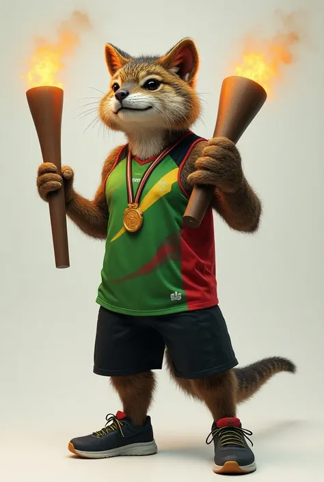 Create a woolly tigrillo with a torch dressed in sportswear with a medal in green, black and red colors and a sports shoe 