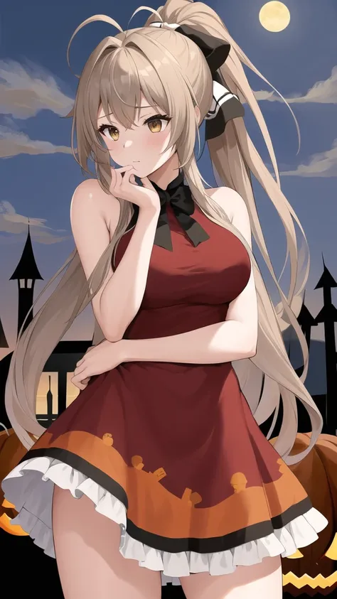 masterpiece, best quality, highres, aaisuzu, 1girl, ponytail, hair bow, brown eyes, halloween dress, standing, cowboy shot,