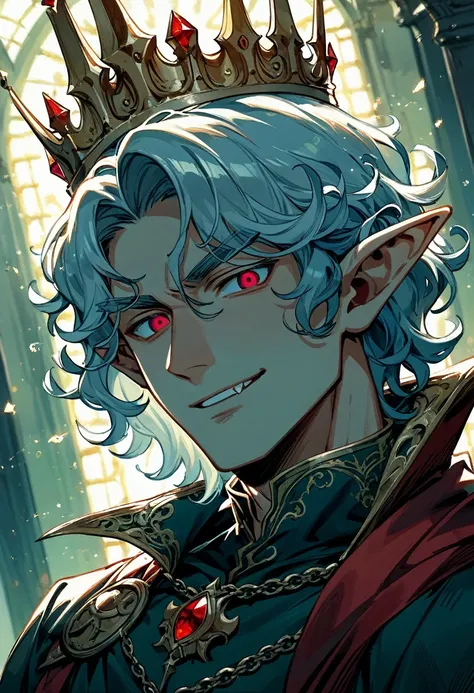 masterpiece, high quality, best aesthetics, romantic lighting, fantasy setting, handsome elf male in his 40's, smirk, red eyes, ...