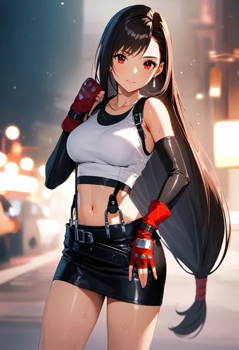 ,1girl, standing pose,  sweat,closed mouth,cowboy shot,onwall, 
BREAK 20 yo,defTifa, red eyes, low-tied long hair, earrings, white crop top, suspenders,navel,black miniskirt, pencil skirt, arm warmers, black elbow gloves, elbow pads, red gloves, red footwe...