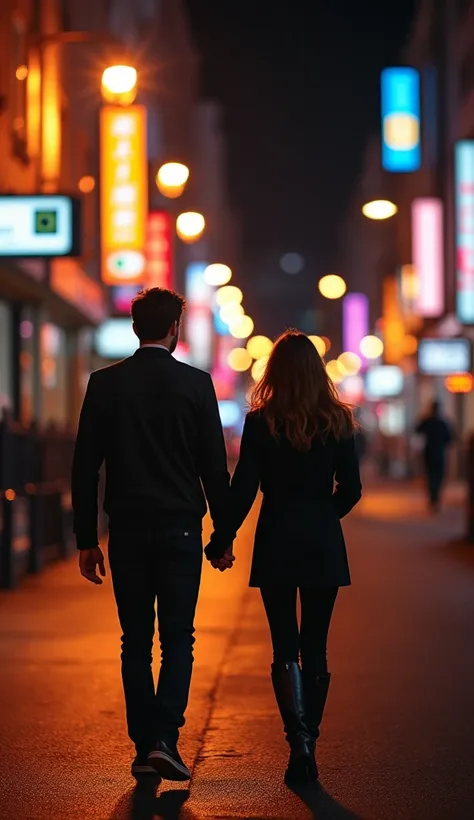 Couple Walking Under City Lights: Capture a couple strolling hand-in-hand through a bustling city street at night, bathed in the warm glow of streetlights and neon signs. The scene should feel intimate, as if they’re in their own world amidst the city’s hu...