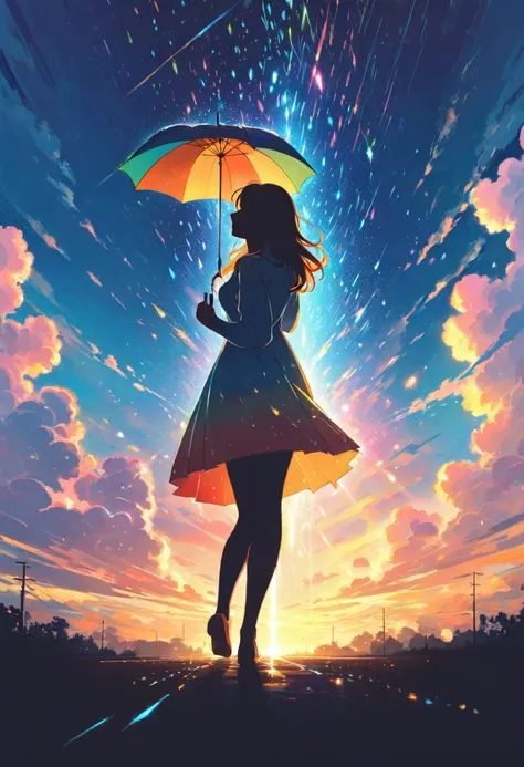 a silhouette of woman with long messy hair holding an umbrella, with colorful stardust raining down on her, 8k alcohol painting,...