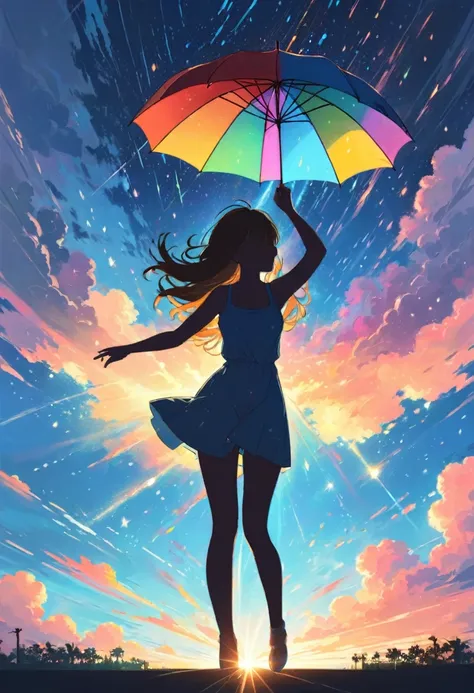 a silhouette of woman with long messy hair holding an umbrella, with colorful stardust raining down on her, 8k alcohol painting,...