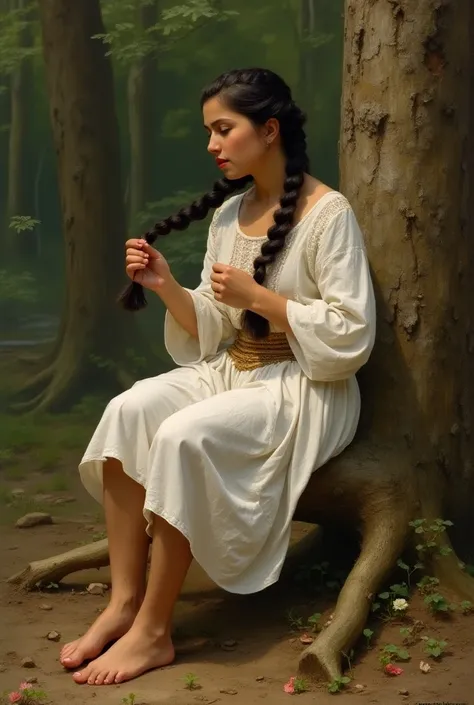 Create me a painting in the style of the French painter William Bouguereauy of a beautiful young peasant woman with white huipil ,barefoot ,braiding her hair , watching the spectator ,sitting on a tree trunk in the middle of the forest weaving braids in he...