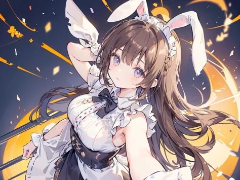 (brown hair),   braided ponytail, (( rabbit ears)),  maid headdress, fuji color, (((masterpiece))), ((  textured skin  )), ((( g...