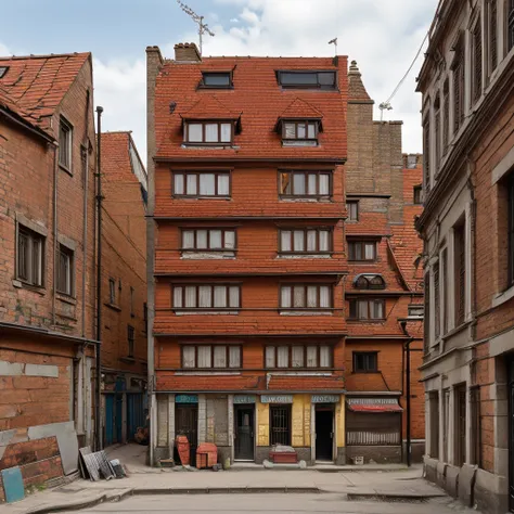 prompteapoor part of the city with tall brick tenement houses some of them have no windows falling plaster,  balconies with dryi...