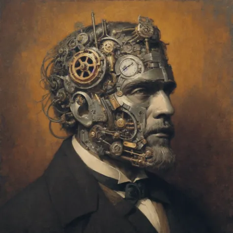 painting of a man with a mechanical head and a clock on his face, steampunk art, portrait d'un homme machine, portrait d&#39;ste...