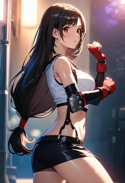 ,1girl, standing pose,  sweat,closed mouth,cowboy shot,onwall, 
BREAK 20 yo,defTifa, red eyes, low-tied long hair, earrings, white crop top, suspenders,navel,black miniskirt, pencil skirt, arm warmers, black elbow gloves, elbow pads, red gloves, red footwe...