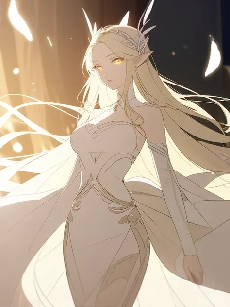 1woman, exquisite, artistic, elven, arknight white princess, glowing yellow eyes, white blonde hair, elegant, arknight outfits