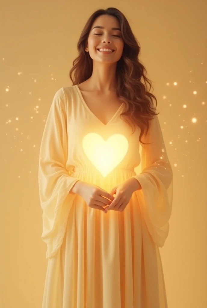 A woman with a clear heart and a smile　 Beige Long Dress　No exposed skin　 glitter effect